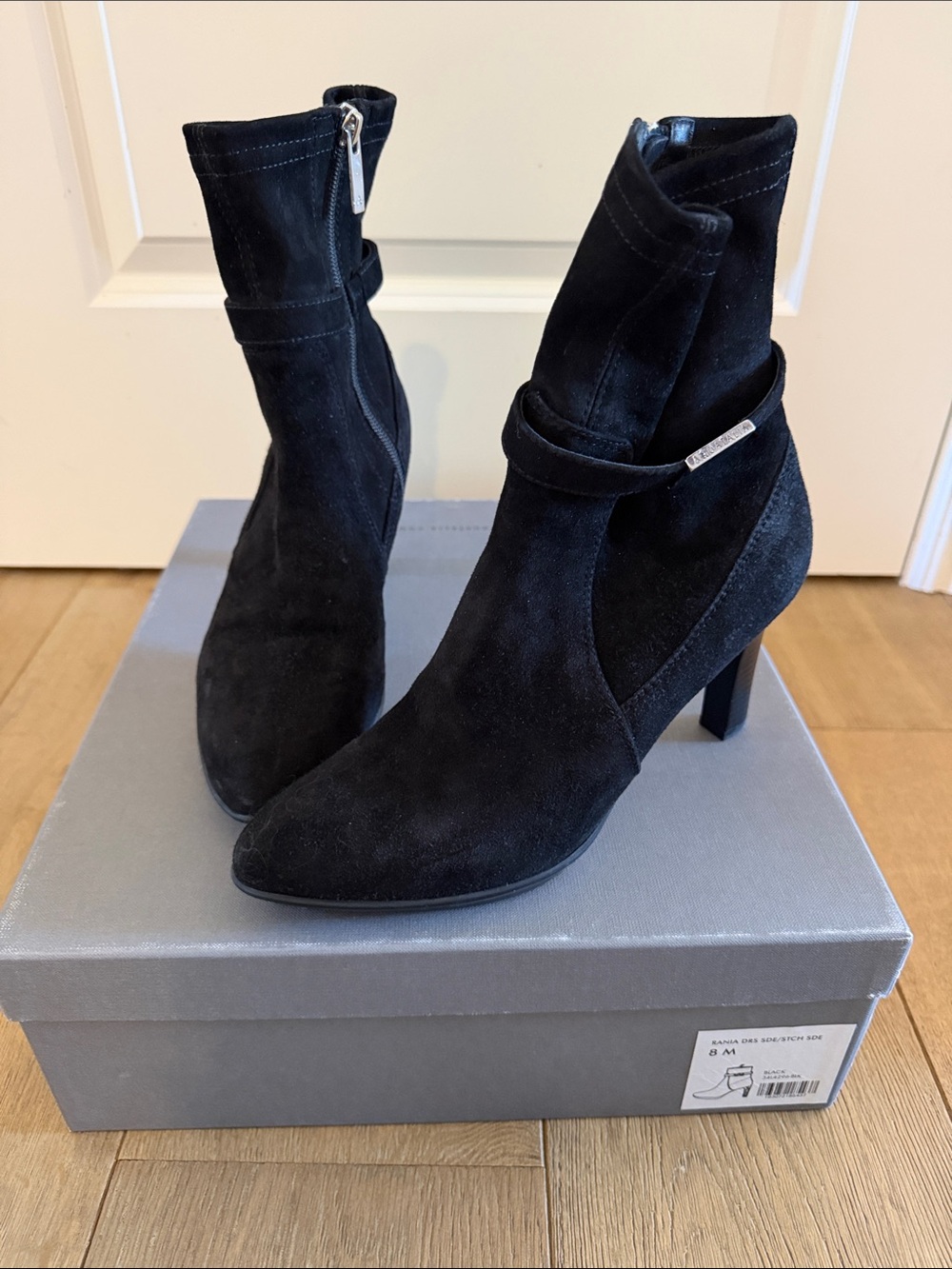 Aquatalia Rania Black Suede Ankle Boots with Side Zip and Strap